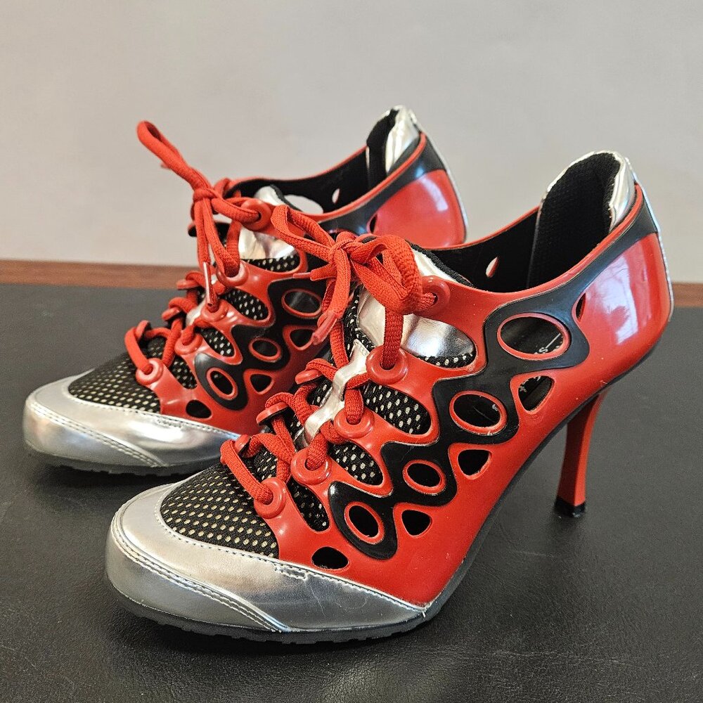 5.5 Michael Antonio Sneaker Stiletto High Heel in Red, Black & Silver